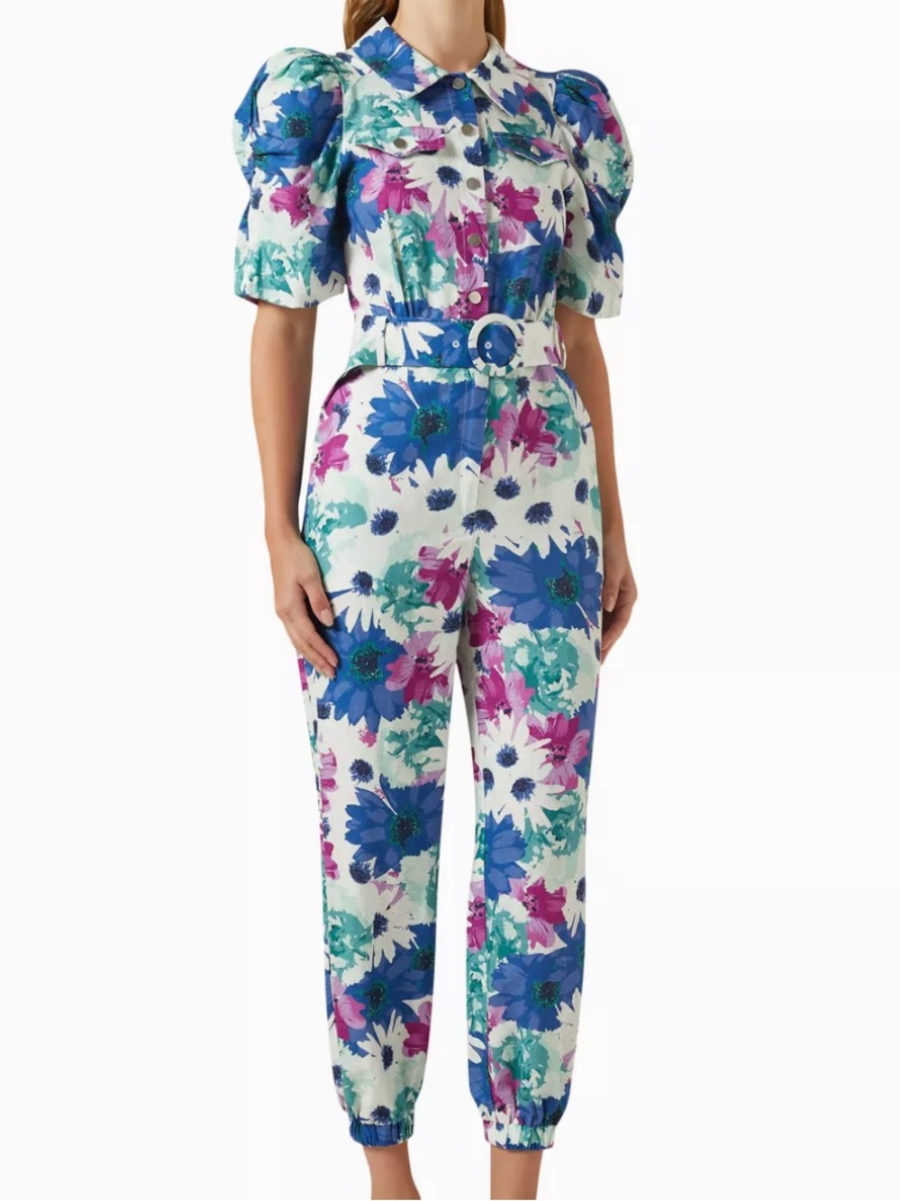 ELLIATT • Floral Multicolor Hideaway Linen  Cotton Blend Belted Jumpsuit
